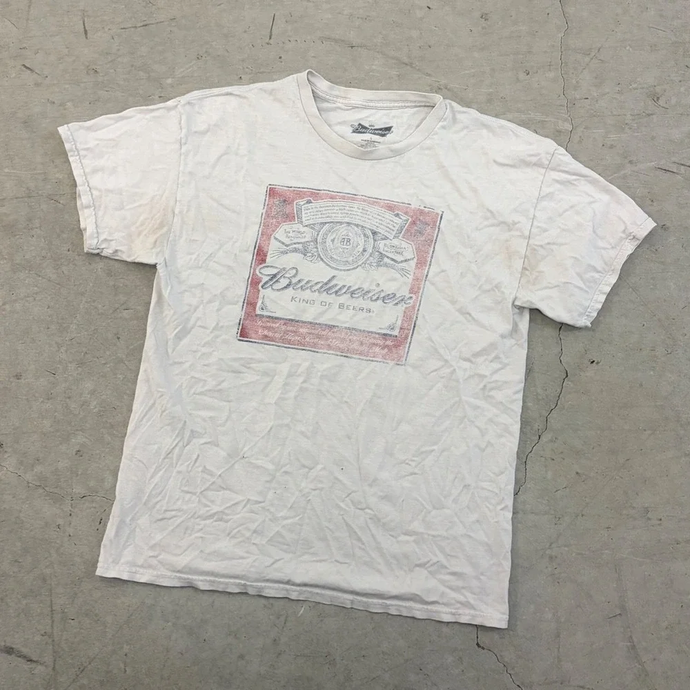 Budweiser King of Beers Graphic T-Shirt Mens Large White Distressed Beer Promo